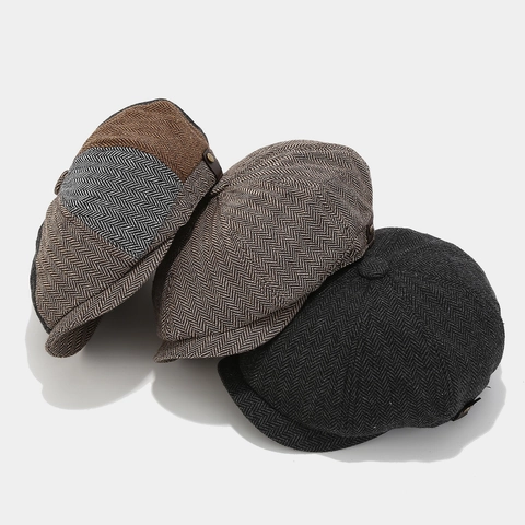 Retro Newsboy Cap Herringbone Polyester Warm Winter British Style Octagonal Hat For Men Women