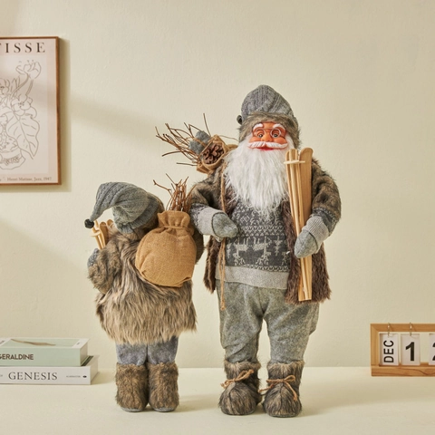 Bambola Babbo Natale Nordico Ornamento Statuina In Piedi Maglia Pelliccia Sintetica Sci Legno Decorazione Casa