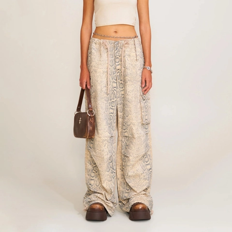 Schlangenmuster Cargo Hose Baumwolle Weites Bein Locker High Waist Streetwear Hose Für Damen