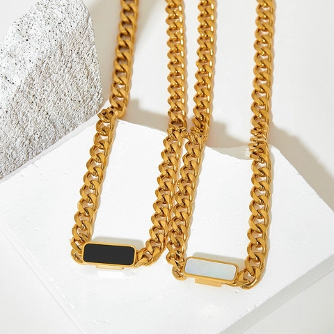 Collier En Acier Inoxydable Maille Gourmette Avec Pendentif Rectangulaire En Émail Coquille Plaqué Or Bijoux Hip Hop Pour Femmes
