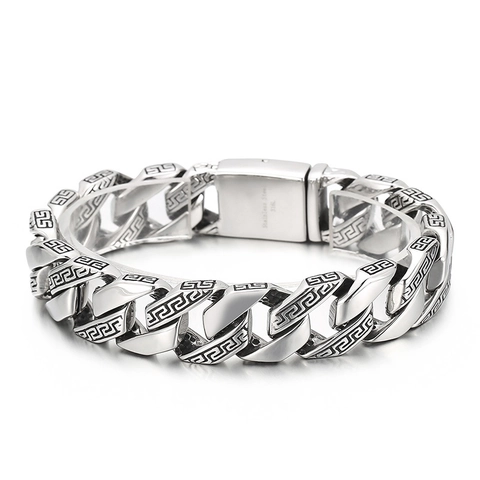 Vintage Stainless Steel Cuban Link Bracelet For Men Hip Hop Punk Greek Key Pattern Carved Chain Bracelet Jewelry Gift