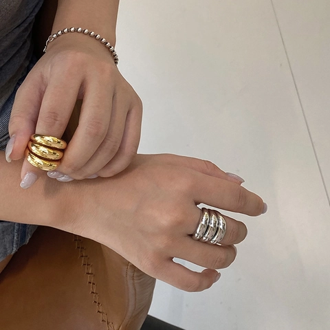 Drei Schichten Geometrische Kupfer Offene Ring Damen 18K Vergoldet Klobig Poliert Verstellbare Band Mode Schmuck