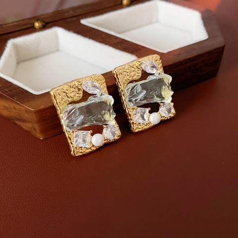 Irregular Rectangle Stud Earrings Gold Plated Alloy Crystal Zircon Artificial Pearl Silver Earring Post Vintage French Style Women