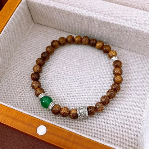 Agilawood Holzperlen Armband Mit Grüner Achat Kupfer Zirkon Akzenten Retro Zen Stil Handgefertigter Schmuck Für Damen Elegant