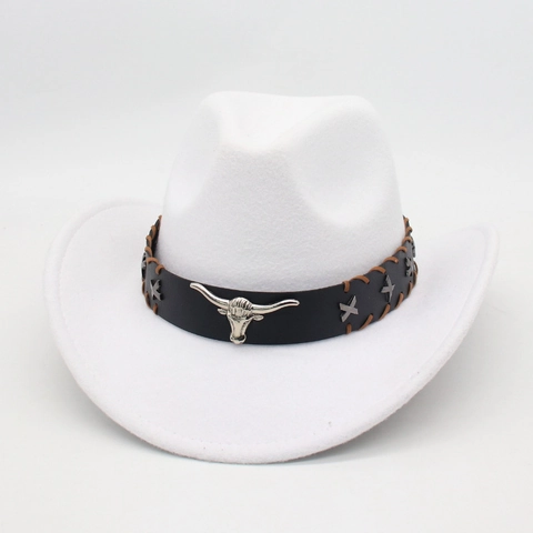 Western Cowboy Hat Vintage Polyester Felt Fedora With Bull Head Metal Decor And Faux Leather Band For Men Women