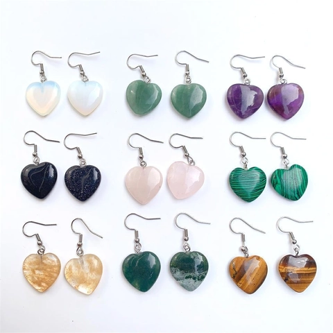 Heart Shaped Gemstone Earrings Natural Crystal Amethyst Rose Quartz Tiger Eye Alloy Hook Dangle Drop Fashion Women Jewelry