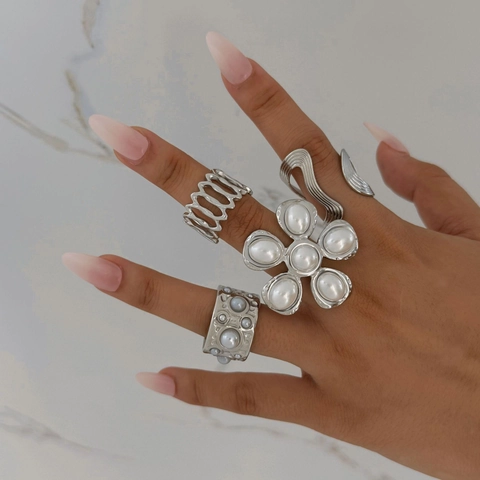 316 Stainless Steel Ring For Women With Imitation Artificial Pearl Flower Wave Geometric Design PVD Plated Waterproof Jewelry Gift