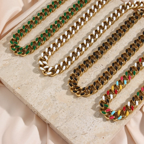 Mode Edelstahl Panzerkette Halskette Für Damen Vintage Gold Überzogen Emaille Tropfen Geometrische Gliederkette Party Schmuck