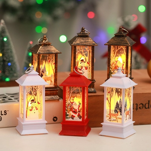 Christmas Lantern LED Night Light Plastic Retro Hanging Candle Lamp Party Decor Santa Snowman Reindeer Ornament