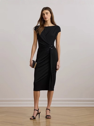 Midi Kleid Polyester Raffung Taille Metallring Schnalle Slim Fit Elegant Einfarbig Kappenärmel Für Damen