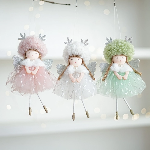 Bambola Angelo Di Natale Appesa Peluche Fata In Rete Con Ali Di Paillettes Corna Decorazione Albero Festiva Regalo