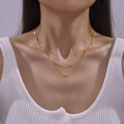 Titanstahl Delfin Anhänger Halskette Für Damen Mehrlagige Schlangenkette Künstliche Perle Gold Farbe Eleganter Chic Schmuck