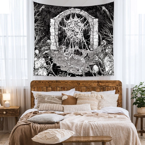 Gothic Wall Tapestry Black And White Skull Cobweb Pattern Polyester Fabric For Bedroom Living Room Dark Art Decor