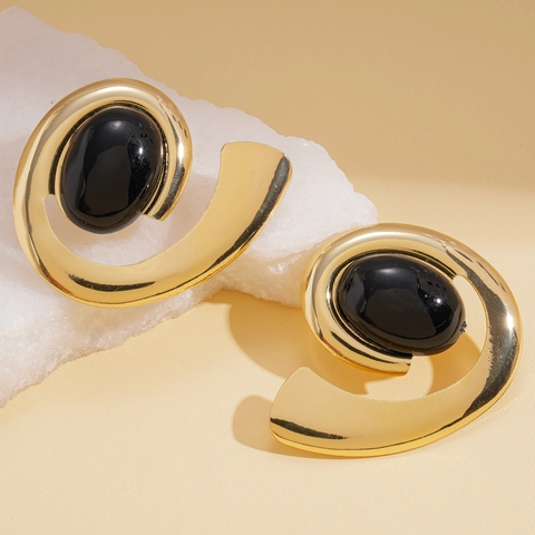 Vintage Geometric Spiral Stud Earrings With 925 Sterling Silver Earring Post Alloy Gold Plated Black Oval Resin