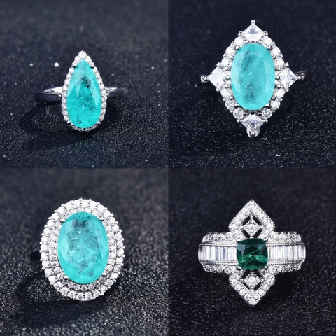 Luxury Vintage Cluster Ring Copper Paraiba Blue Emerald Green Zircon Adjustable Open Jewelry For Women