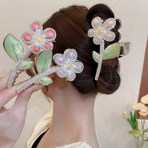 Enamel Flower Hair Claw Alloy Rhinestone Sparkly Elegant Floral Hair Clip Women