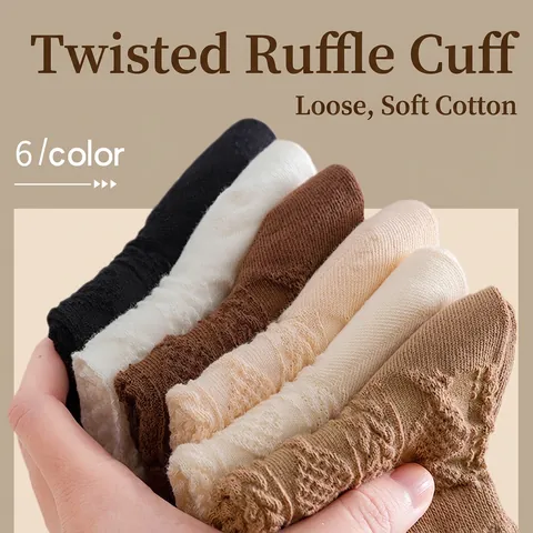 Women Crew Socks Cotton Blend Ruffle Edge Cable Knit Hollow Out Breathable Vintage Japanese Style Mid Tube Socks Girls