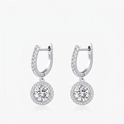 Moissanite Halo Drop Earrings With 925 Sterling Silver Earring Post Round Brilliant D Color VVS1 Sparkling Jewelry Women