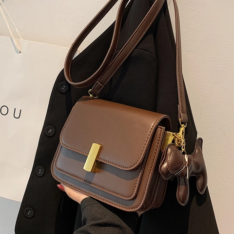 Bolso De Hombro Cruzado Para Mujer Cuero PU Cuadrado Minimalista Retro Hebilla Dorada Correa Ajustable Colgante Perro