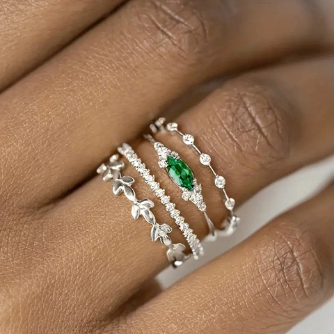 Marquise Groene Zirkonia Ring En Bladrank Ringen Stapelbaar Sierlijke Koperen Goud Zilver Vergulde Elegante Sieraden Vrouwen