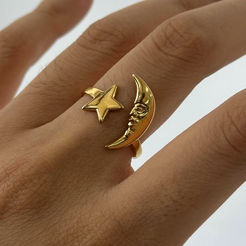 Anillo Stella Luna In Acciaio Inossidabile Placcato Oro 18K Regolabile Aperto Gioielli Di Moda Per Donna Volto Della Luna