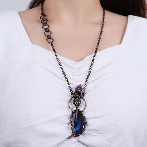 Collier Pendentif Crâne De Corbeau Gothique Labradorite Naturelle Améthyste Cuivre Bronze Bijoux Rétro Boho Pour Femmes