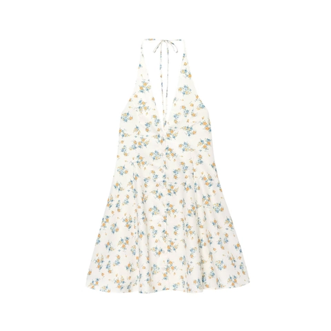 Abito Corto Estivo Da Donna Con Stampa Floreale Scollo All'americana Profondo Scollo A V Senza Schienale Bottoni Linea A Popeline