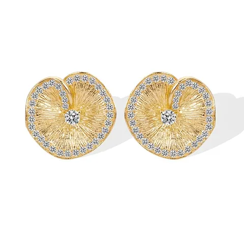 925 Sterling Silver Stud Earrings Gold Plated Brushed Lotus Leaf Pleated Texture Micro Zirconia Vintage Elegant For Women