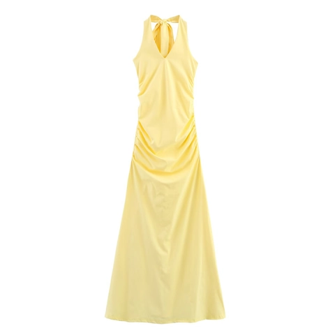 Dames Elegante Gele Halternek Geplooide Maxi Jurk Sexy Rugloos Strikje Slanke Pasvorm Feest Zomer Polyester Lange Jurk