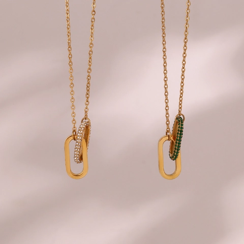 Fashion Double Interlocking Ring Pendant Necklace Stainless Steel Zirconia Inlaid Gold Chain Necklaces For Women Jewelry Gift