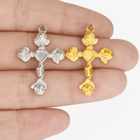 Pendente A Croce In Acciaio Inossidabile Con Dettagli Cuore E Fiori Per Creazione Di Gioielli Fai Da Te Stile Hip Hop