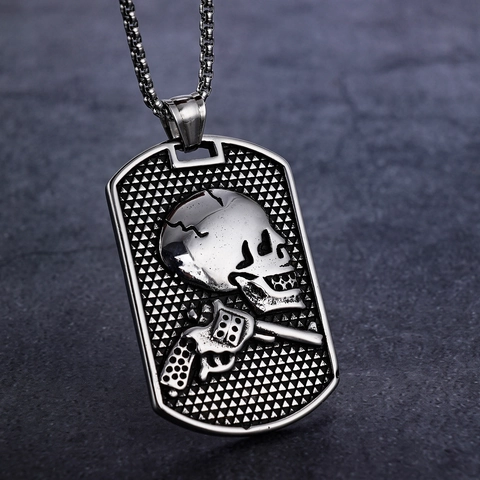 Collana Con Ciondolo A Piastrina In Acciaio Inossidabile Da Uomo Motivo Teschio Pistola Revolver Punk Rock Goth Gioielli