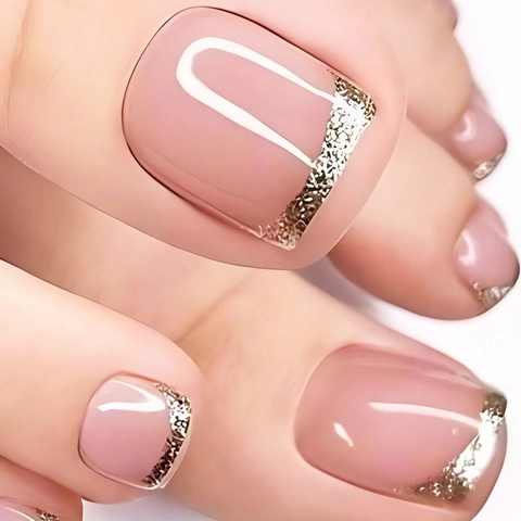 French Style Nude Pink Press-On Toenails With Silver Glitter Tips Square Shape Fashion Foot Accessories For Women