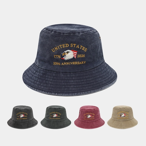Chapeau Bob En Coton Lavé États-Unis 250e Anniversaire Brodé Vintage Protection Solaire Décontracté Extérieur