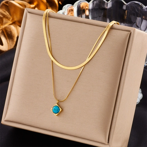 Double Layer Necklace 18K Gold Plated Stainless Steel Snake Bone Chain Turquoise Square Pendant Jewelry For Women