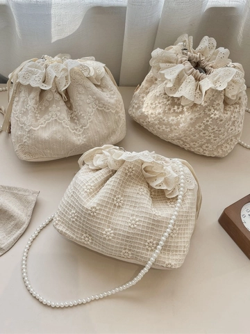 Elegant French Lace Bucket Bag For Women Mesh Floral Embroidery Crossbody Purse With Detachable Artificial Pearl Chain Strap