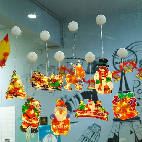 LED Weihnachtsfenster Saugnapf Lichter Warmweiß Batteriebetrieben Laser PVC Weihnachtsmann Schneemann Rentier Baum Deko