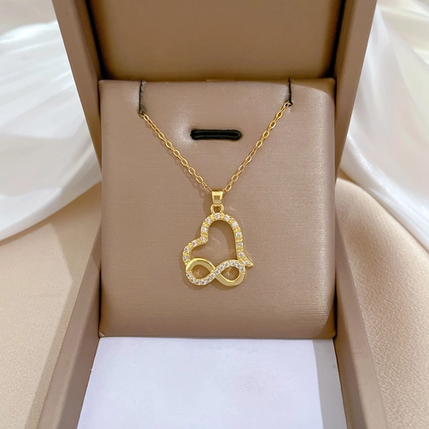 Collar Con Colgante De Corazón E Infinito Con Cadena De Acero De Titanio E Incrustaciones De Micro Circón Cobre Para Mujer