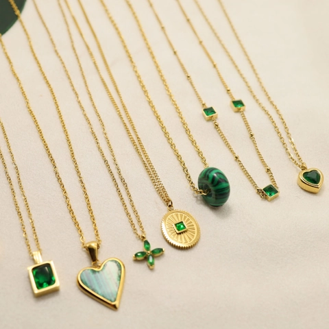 Collier En Acier Inoxydable Plaqué Or 18K Pendentif Zircon Vert Malachite Bijoux Minimalistes Vintage Femmes