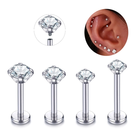 Stainless Steel Labret Stud Earrings Cubic Zirconia Internal Thread Piercing Jewelry Flat Back For Tragus Lip Bone