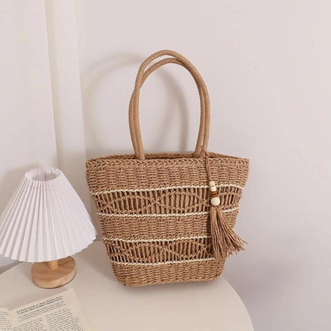 Bolso De Mano De Paja Para Mujer Bolso De Playa Calado Con Borlas Y Cuentas De Madera Vacaciones Verano Estilo Casual