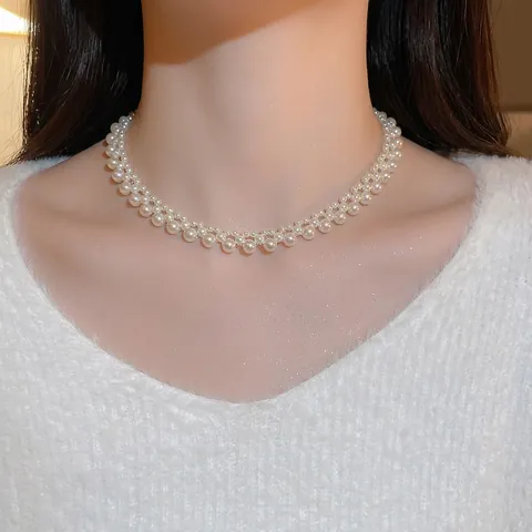 Layered Woven Faux Artificial Pearl Necklace For Women Elegant Vintage Titanium Steel Clavicle Chain Adjustable Jewelry