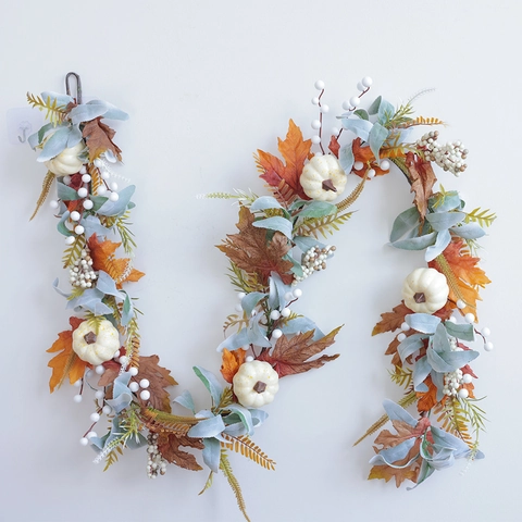 Artificial Autumn Pumpkin Maple Leaf Garland Warm LED Light String Thanksgiving Harvest Home Decor Hanging Vine