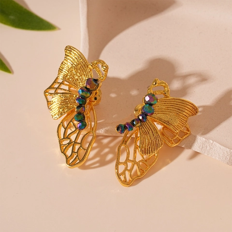 Pendientes De Botón De Mariposa Metal Hueco Rhinestone Colorido Estilo Vintage Francés Con Poste De Plata Para Mujer