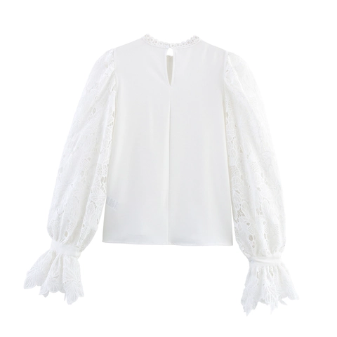 Donna Elegante Camicetta Bianca Con Pizzo Maniche A Campana Pieghettata Girocollo Camicia Dolce Da Ufficio Top