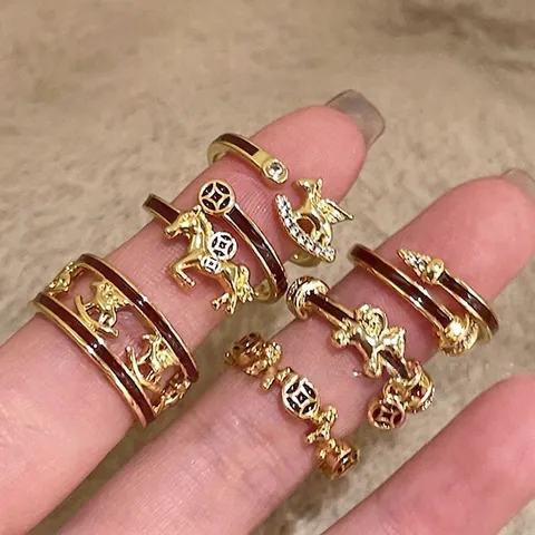 Gold Plated Copper Open Ring Enamel Hollow Horse Ancient Coin Zircon Adjustable Retro Luxury Jewelry For Women