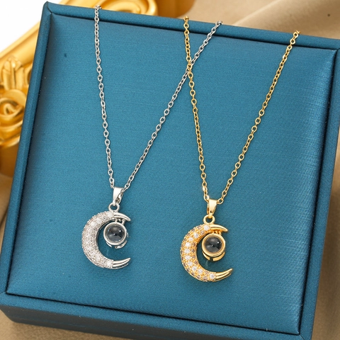 Collier De Projection Croissant De Lune Acier Inoxydable Cuivre Micro Pave Zircon Message Je T Aime Bijoux Femme