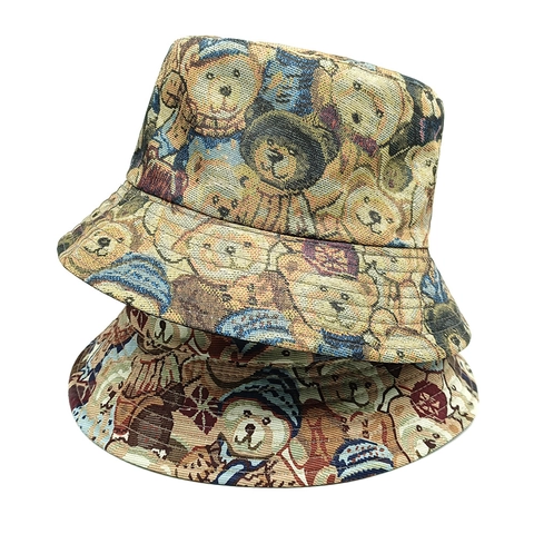 Chapeau Cloche Jacquard À Motif Ours Vintage Protection Solaire À Bord Large Pliable Respirant Polyester Rétro Kawaii