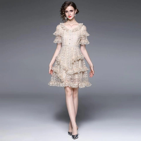Robe Courte Dentelle Élégante Col V Étages Volants Broderie Taille Ajustée Fête Soirée Style Célébrité Rose Abricot