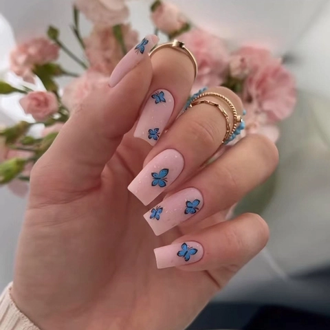 Blue Butterfly Press On Nails Pink Square Coffin Shape Full Cover Artificial False Nails Manicure Art For Women